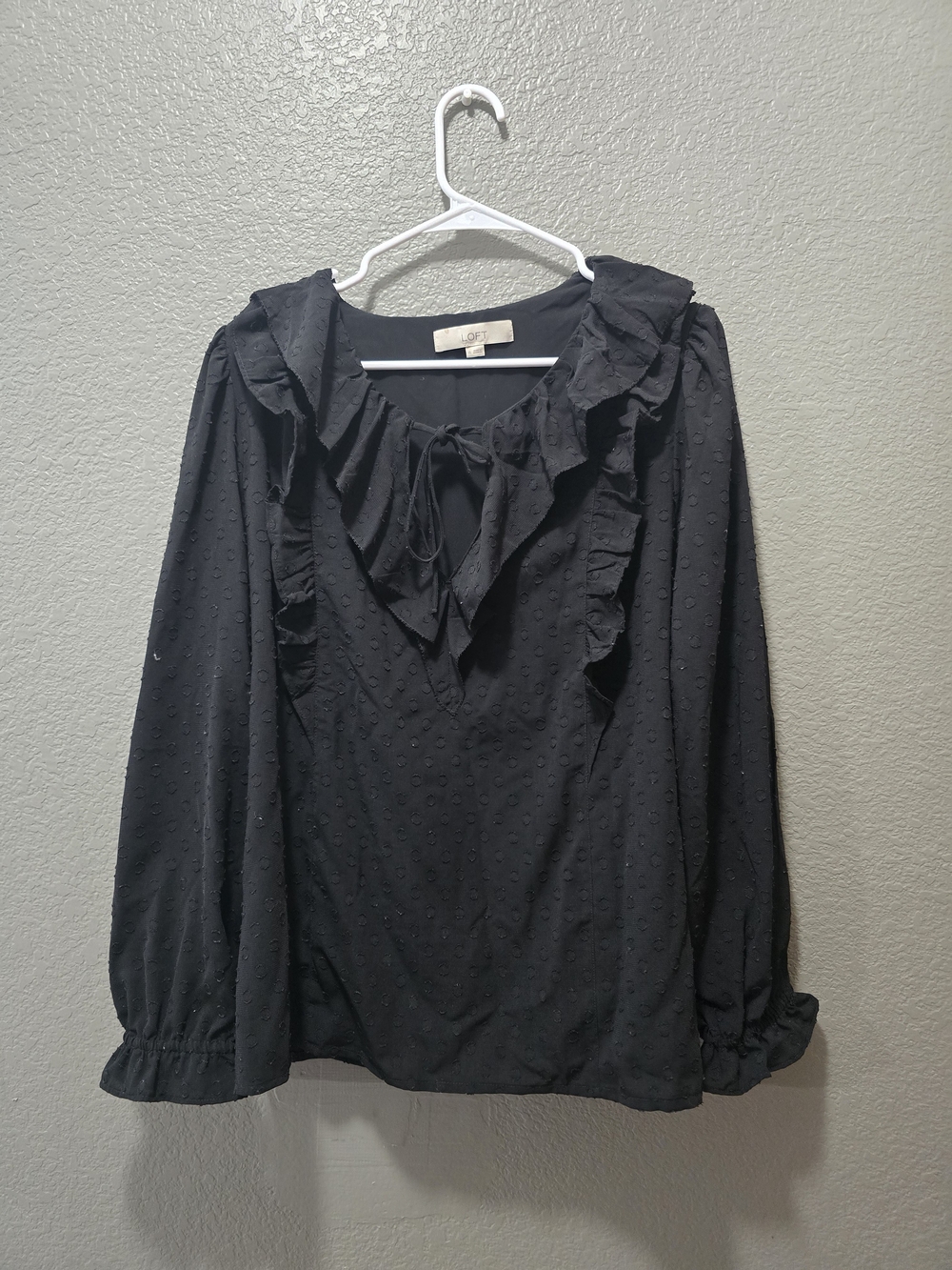 LOFT Black Ruffled Tie-Neck Blouse